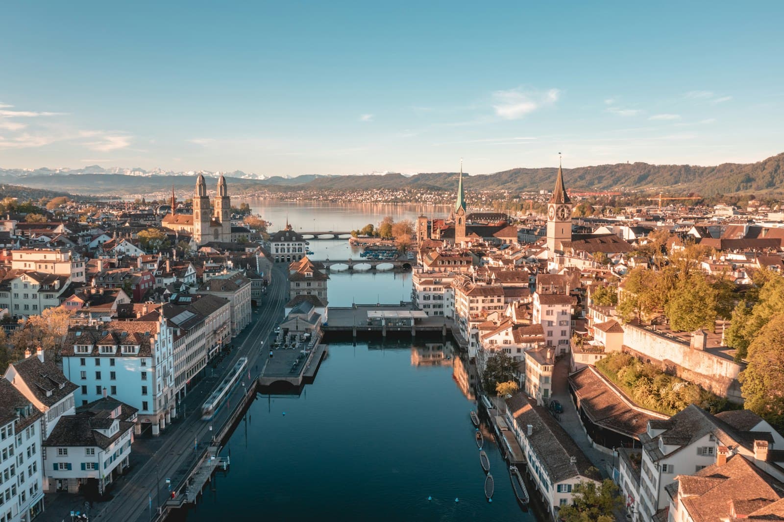 Panoramic view of Zurich with Lake Zurich and Alps